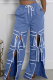 Royal Blue Casual Pocket Strap Design Contrast Loose Mid Waist Conventional Patchwork Bottoms