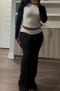 Black Casual Contrast O Neck Long Sleeve Two Pieces