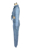 Blue Casual Solid Color Pocket Patchwork Strap Design Cardigan Collar Long Sleeve Two Pieces