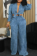 Blue Casual Solid Color Pocket Patchwork Strap Design Cardigan Collar Long Sleeve Two Pieces