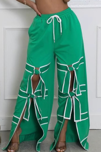 Green Casual Pocket Strap Design Contrast Loose Mid Waist Conventional Patchwork Bottoms