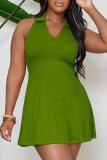 Rose Red Casual Solid Color Patchwork Turndown Collar Dresses