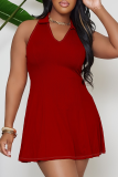Rose Red Casual Solid Color Patchwork Turndown Collar Dresses
