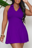 Rose Red Casual Solid Color Patchwork Turndown Collar Dresses
