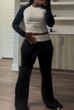 Black Casual Contrast O Neck Long Sleeve Two Pieces