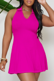 Rose Red Casual Solid Color Patchwork Turndown Collar Dresses