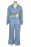 Blue Casual Solid Color Pocket Patchwork Strap Design Cardigan Collar Long Sleeve Two Pieces