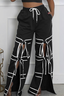 Black Casual Pocket Strap Design Contrast Loose Mid Waist Conventional Patchwork Bottoms