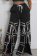 Black Casual Pocket Strap Design Contrast Loose Mid Waist Conventional Patchwork Bottoms