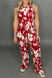 Black Casual Daily Floral Print Basic O Neck Sleeveless Two Pieces