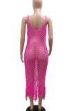 Pink Sexy Fringed Trim Sequins See-Through Spaghetti Strap Irregular Dresses