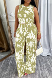 Black Casual Daily Floral Print Basic O Neck Sleeveless Two Pieces