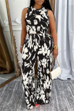 Black Casual Daily Floral Print Basic O Neck Sleeveless Two Pieces