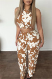Black Casual Daily Floral Print Basic O Neck Sleeveless Two Pieces