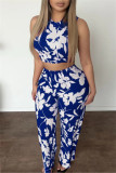 Black Casual Daily Floral Print Basic O Neck Sleeveless Two Pieces