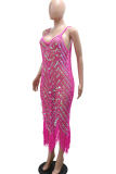 Pink Sexy Fringed Trim Sequins See-Through Spaghetti Strap Irregular Dresses