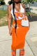 White Orange Sexy Print Patchwork V Neck Sleeveless Two Pieces