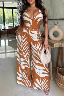 Orange Casual Print Buttons Backless Belted Halter Sleeveless Two Pieces