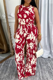 Black Casual Daily Floral Print Basic O Neck Sleeveless Two Pieces