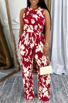 Red Casual Daily Floral Print Basic O Neck Sleeveless Two Pieces
