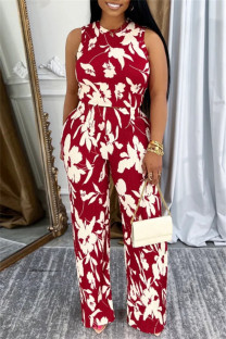 Red Casual Daily Floral Print Basic O Neck Sleeveless Two Pieces