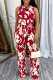 Red Casual Daily Floral Print Basic O Neck Sleeveless Two Pieces