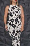 Black Casual Daily Floral Print Basic O Neck Sleeveless Two Pieces