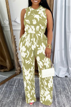 Green Casual Daily Floral Print Basic O Neck Sleeveless Two Pieces