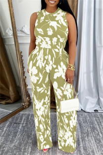 Green Casual Daily Floral Print Basic O Neck Sleeveless Two Pieces