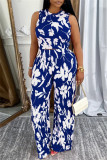 Black Casual Daily Floral Print Basic O Neck Sleeveless Two Pieces