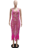 Pink Sexy Fringed Trim Sequins See-Through Spaghetti Strap Irregular Dresses