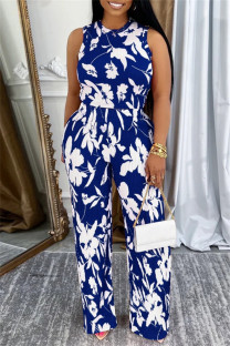 Blue Casual Daily Floral Print Basic O Neck Sleeveless Two Pieces