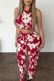 Black Casual Daily Floral Print Basic O Neck Sleeveless Two Pieces
