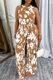 Black Casual Daily Floral Print Basic O Neck Sleeveless Two Pieces