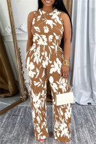 Brown Casual Daily Floral Print Basic O Neck Sleeveless Two Pieces