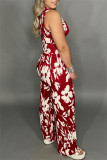 Black Casual Daily Floral Print Basic O Neck Sleeveless Two Pieces