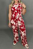 Black Casual Daily Floral Print Basic O Neck Sleeveless Two Pieces