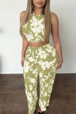 Black Casual Daily Floral Print Basic O Neck Sleeveless Two Pieces