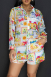 White Casual Print Pocket Buckle Turndown Collar Long Sleeve Two Pieces