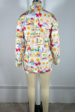 White Casual Print Pocket Buckle Turndown Collar Long Sleeve Two Pieces