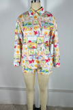 White Casual Print Pocket Buckle Turndown Collar Long Sleeve Two Pieces