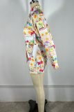 White Casual Print Pocket Buckle Turndown Collar Long Sleeve Two Pieces
