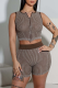 Light Brown Casual Solid Color Zipper Zipper Collar Sleeveless Two Pieces