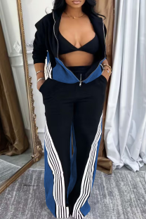 Black Casual Stripe Zipper Zipper Collar Long Sleeve Two Pieces