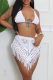 White Sexy Solid Color Fringed Trim Irregular Spaghetti Strap Sleeveless Two Pieces