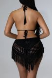 Light Pink Sexy Solid Color Fringed Trim Irregular Spaghetti Strap Sleeveless Two Pieces