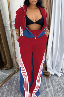 Red Casual Stripe Zipper Zipper Collar Long Sleeve Two Pieces