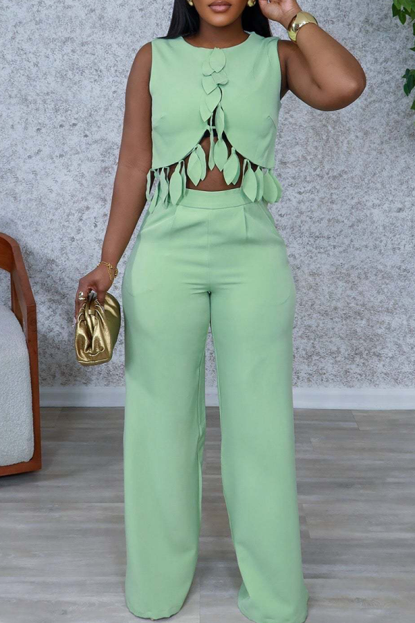 Green Casual Leaves Fringed Trim O Neck Sleeveless Two Pieces