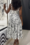 White Casual Print Pocket Strap Design Spaghetti Strap Long Dresses