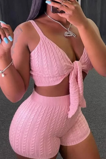 Pink Sexy Solid Color Strap Design Spaghetti Strap Sleeveless Two Pieces